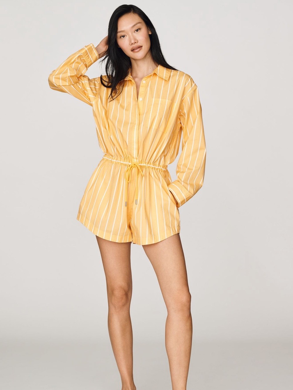 Pistola Amelie long sleeve romper striped shorts button down collar